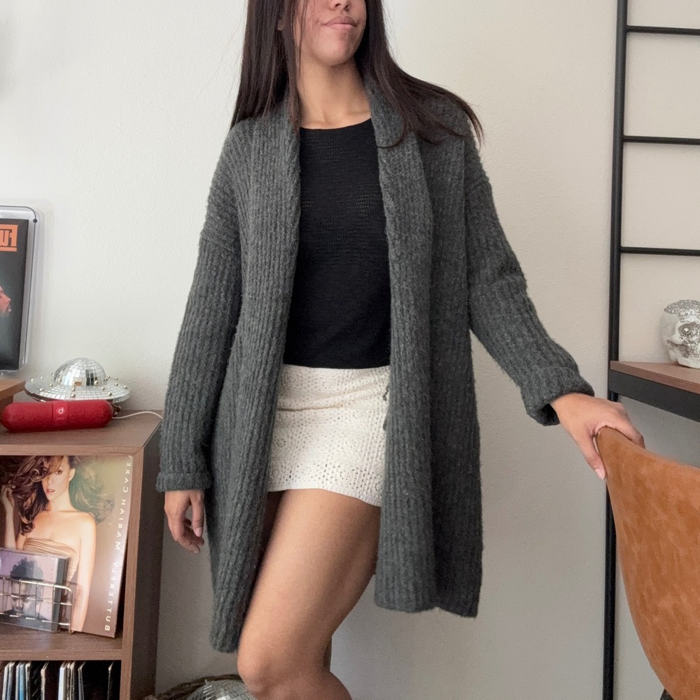 J.Crew Charcoal Grey Ribbed Fuzzy Open Front Shawl Cardigan Sweater S/M